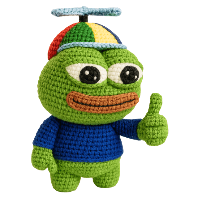 Crocheted frog plush with a rainbow propeller beanie giving a thumbs up.