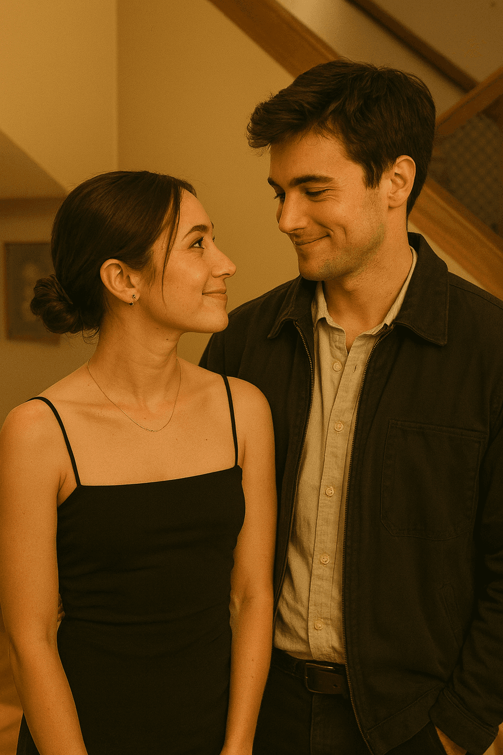 Couple smiling at each other in warm indoor lighting.