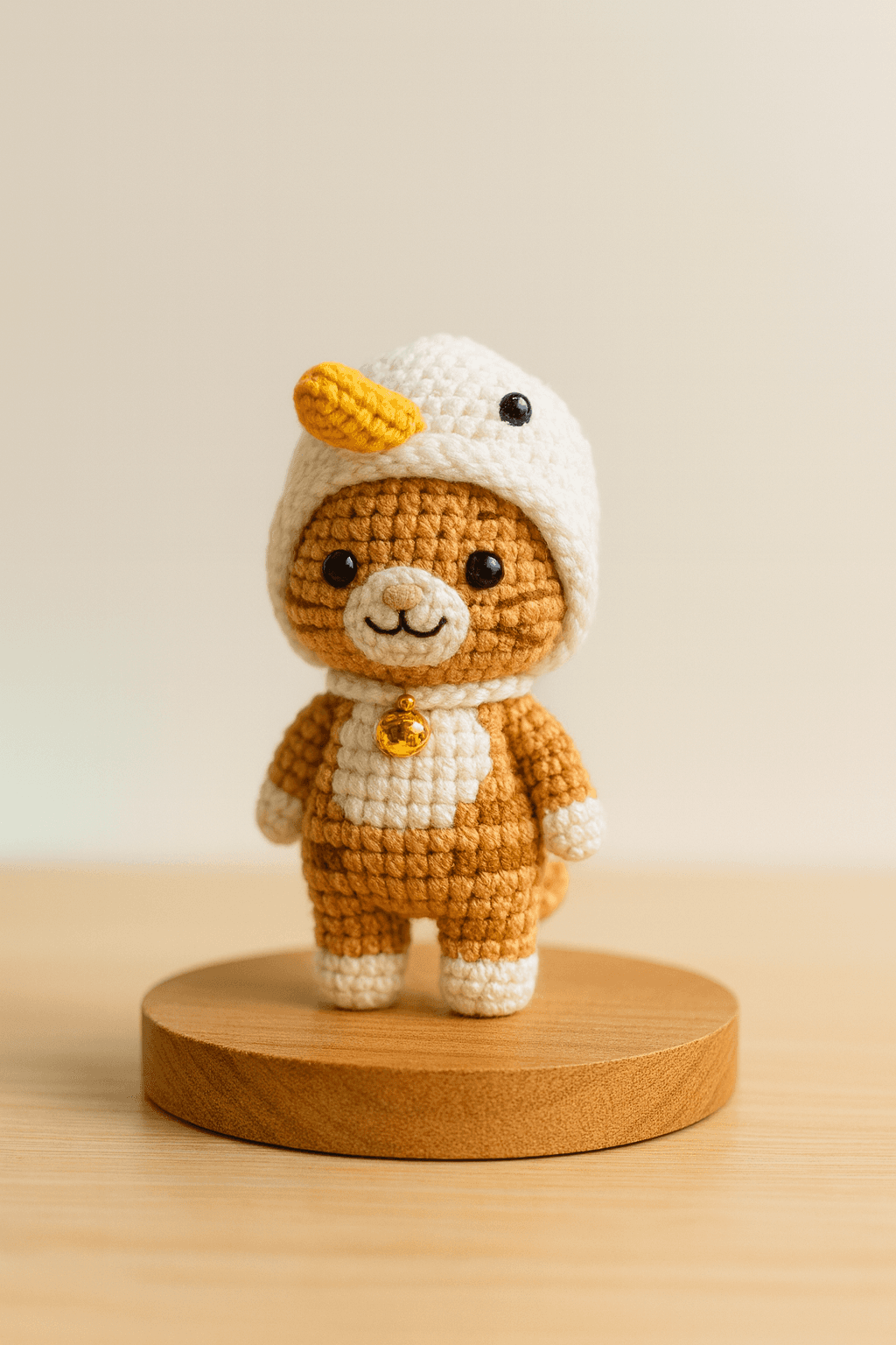 Crocheted orange cat plush wearing a white goose hood and gold bell.