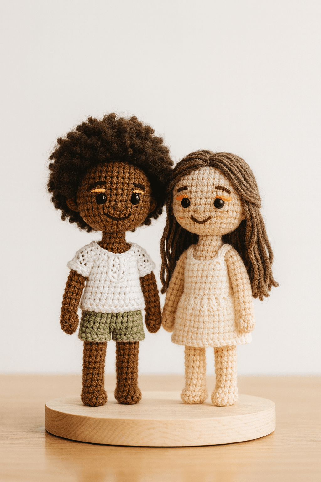 Crocheted duo figurines with matching outfits and colorful eye makeup on a wooden base.